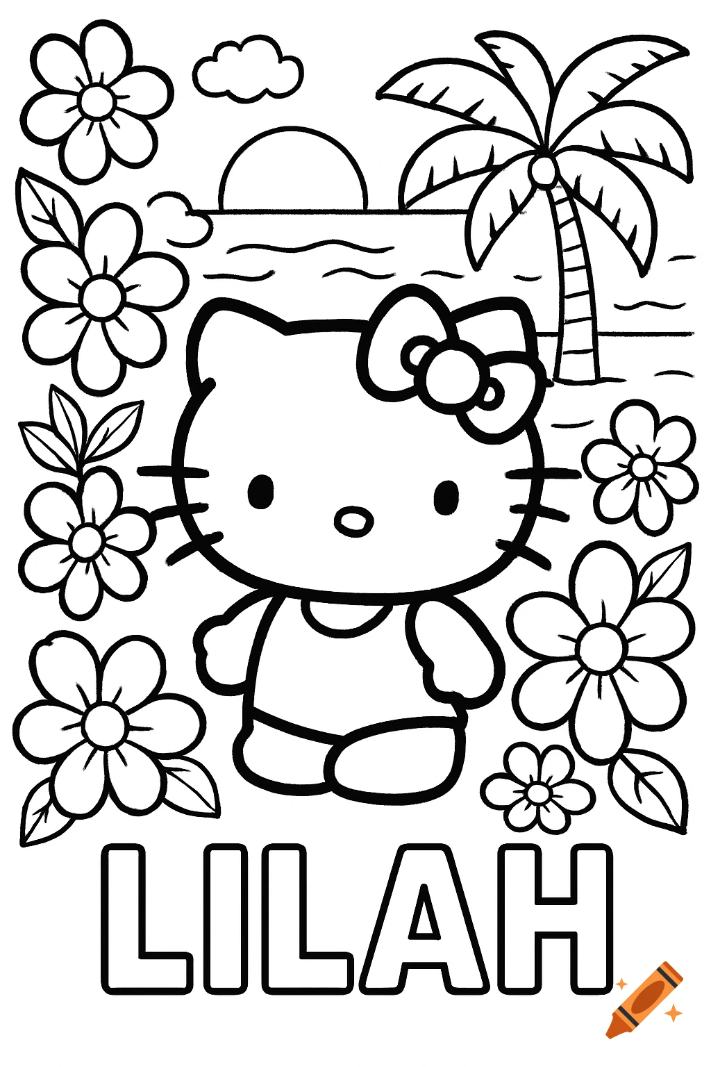 Hello Kitty coloring page at the beach with flowers and the name Lilah.