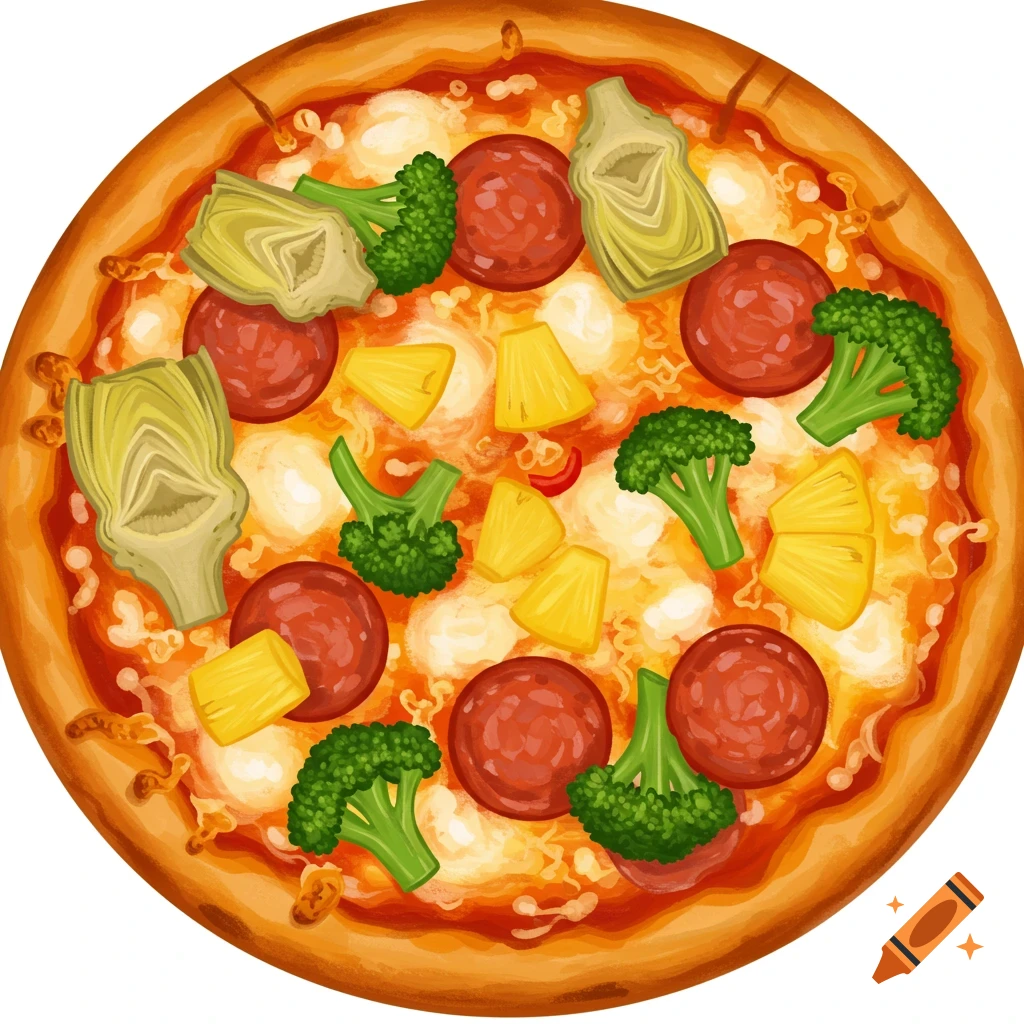 An illustration of a pizza with pepperoni, broccoli, pineapple, and artichoke slices.