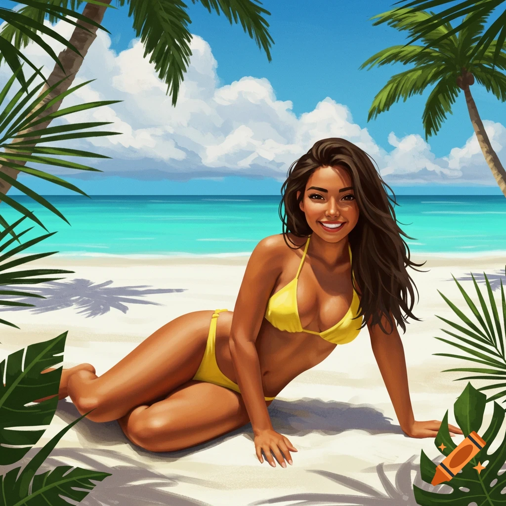 Woman in yellow bikini on a tropical beach with palm trees