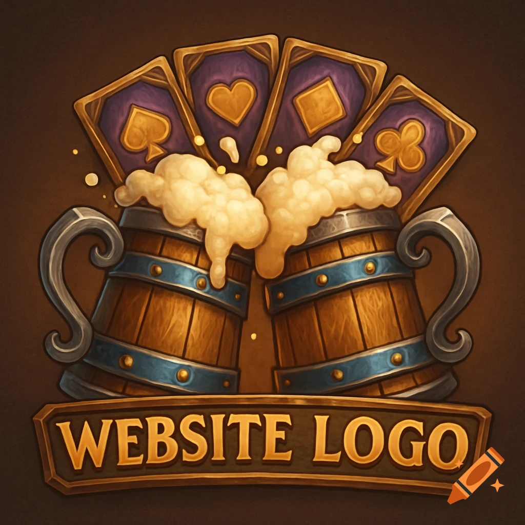 Fantasy style logo with clinking beer steins, playing cards, and 'WEBSITE LOGO' banner