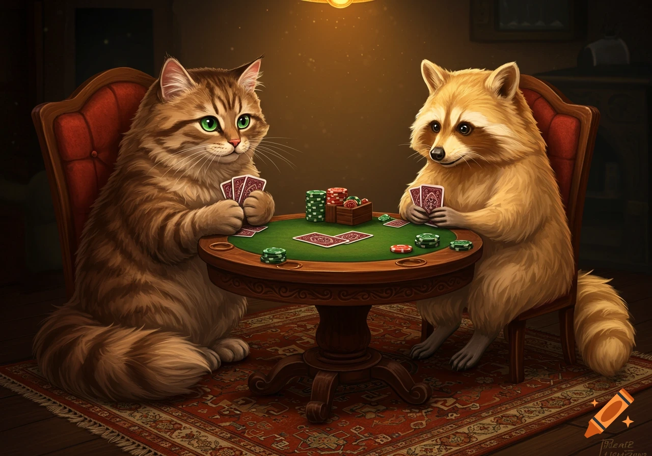 A brown cat and a blonde raccoon play poker at a table.