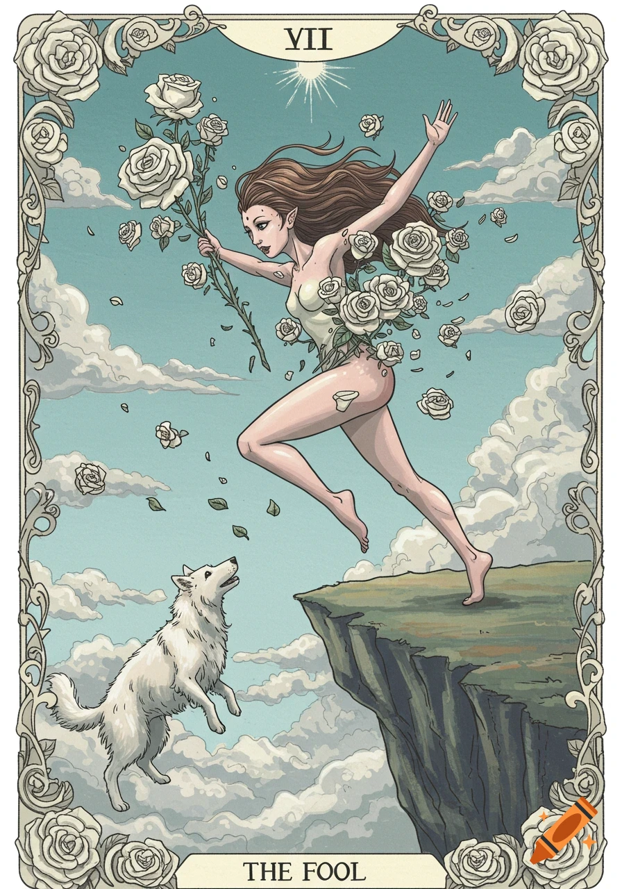 Illustration of a woman and a dog leaping off a cliff, surrounded by roses, in a tarot card style.