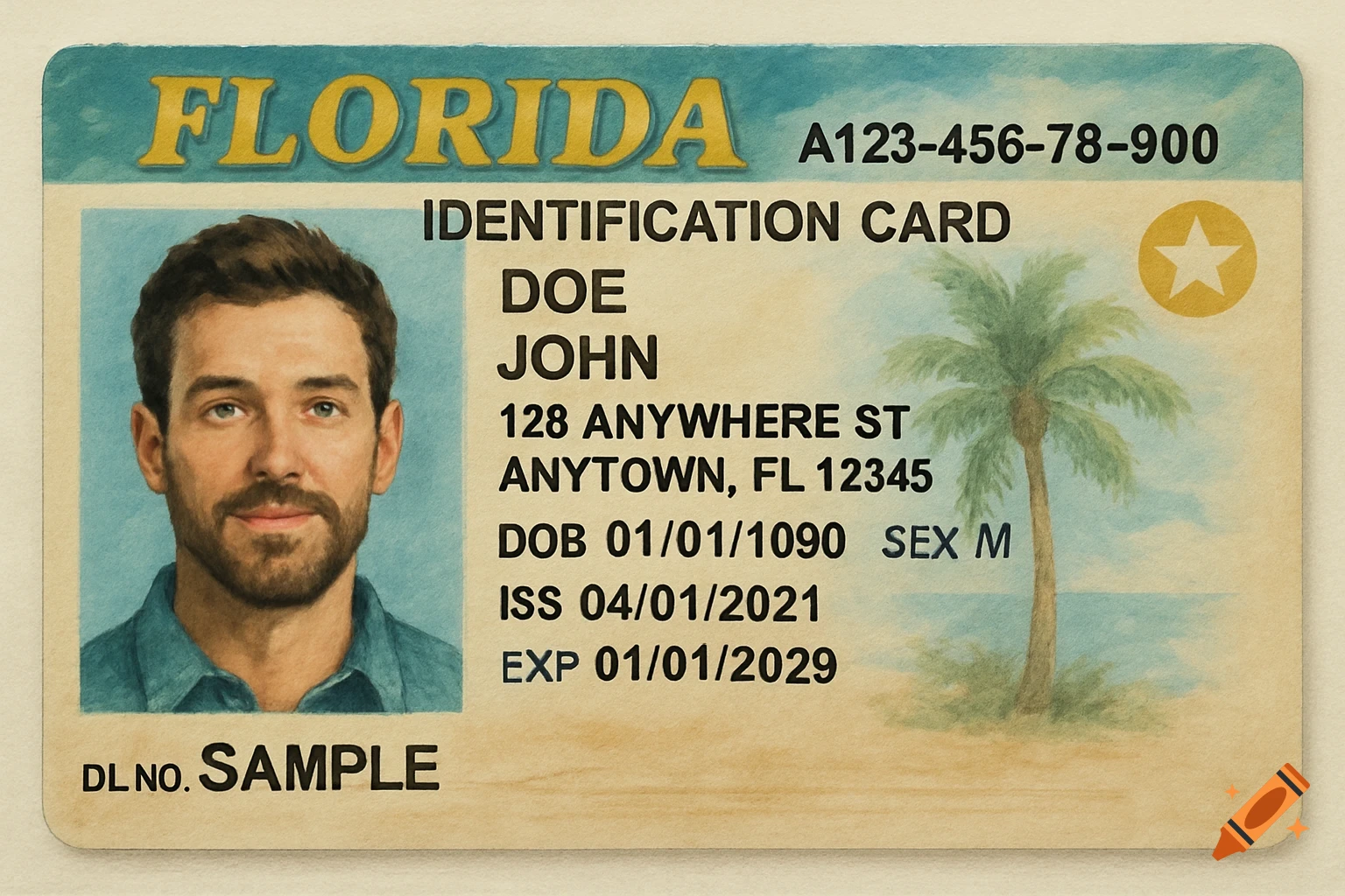 A fake Florida identification card with a portrait, text details, palm tree, and star symbol.