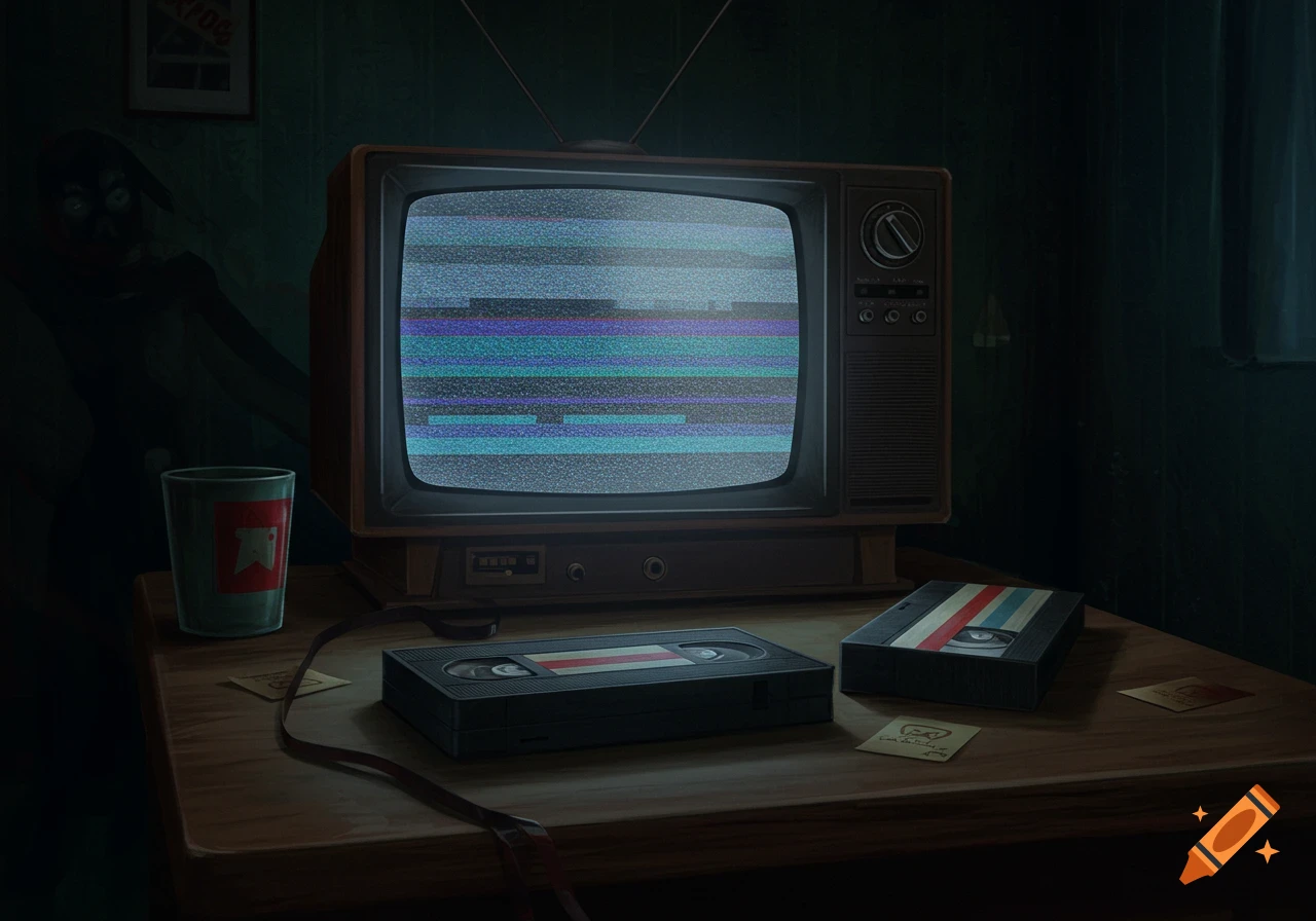 A static-filled retro television sits on a desk with VHS tapes. A dark, shadowy figure lurks in the background.