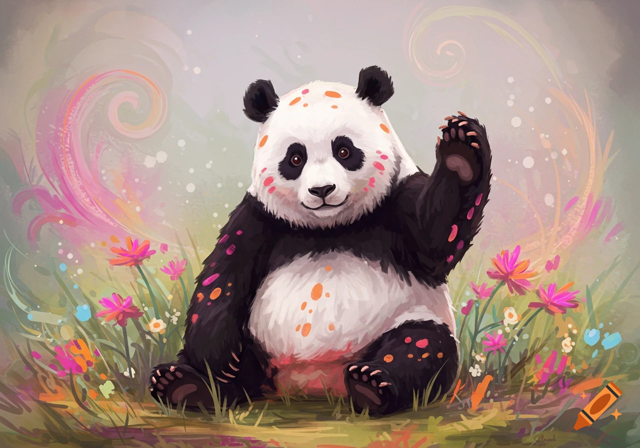 A cartoon panda with pink and orange spots sits in grass among colorful flowers, waving, in a painterly style.