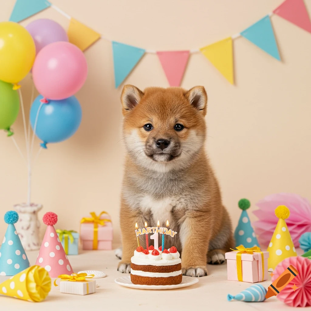 A Shiba Inu puppy sits in front of a birthday cake with candles.