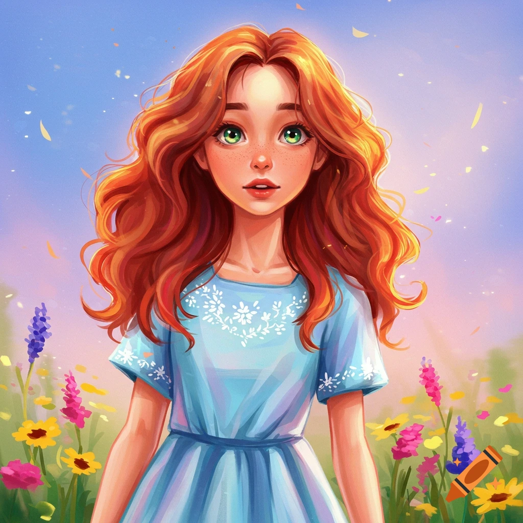 Illustration of a girl with red hair and green eyes in a blue dress ...