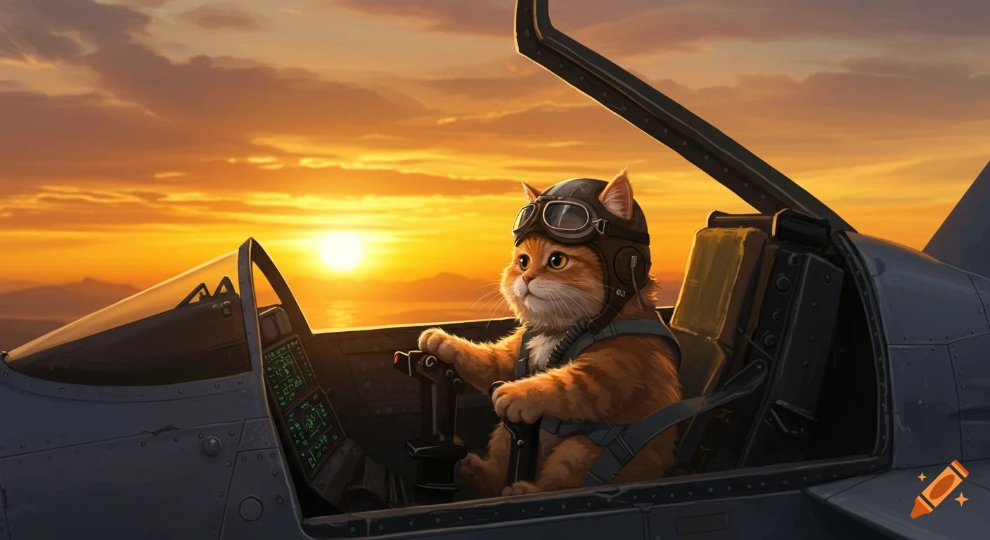 Ginger cat wearing pilot gear flying a fighter jet at sunset. Digital art.