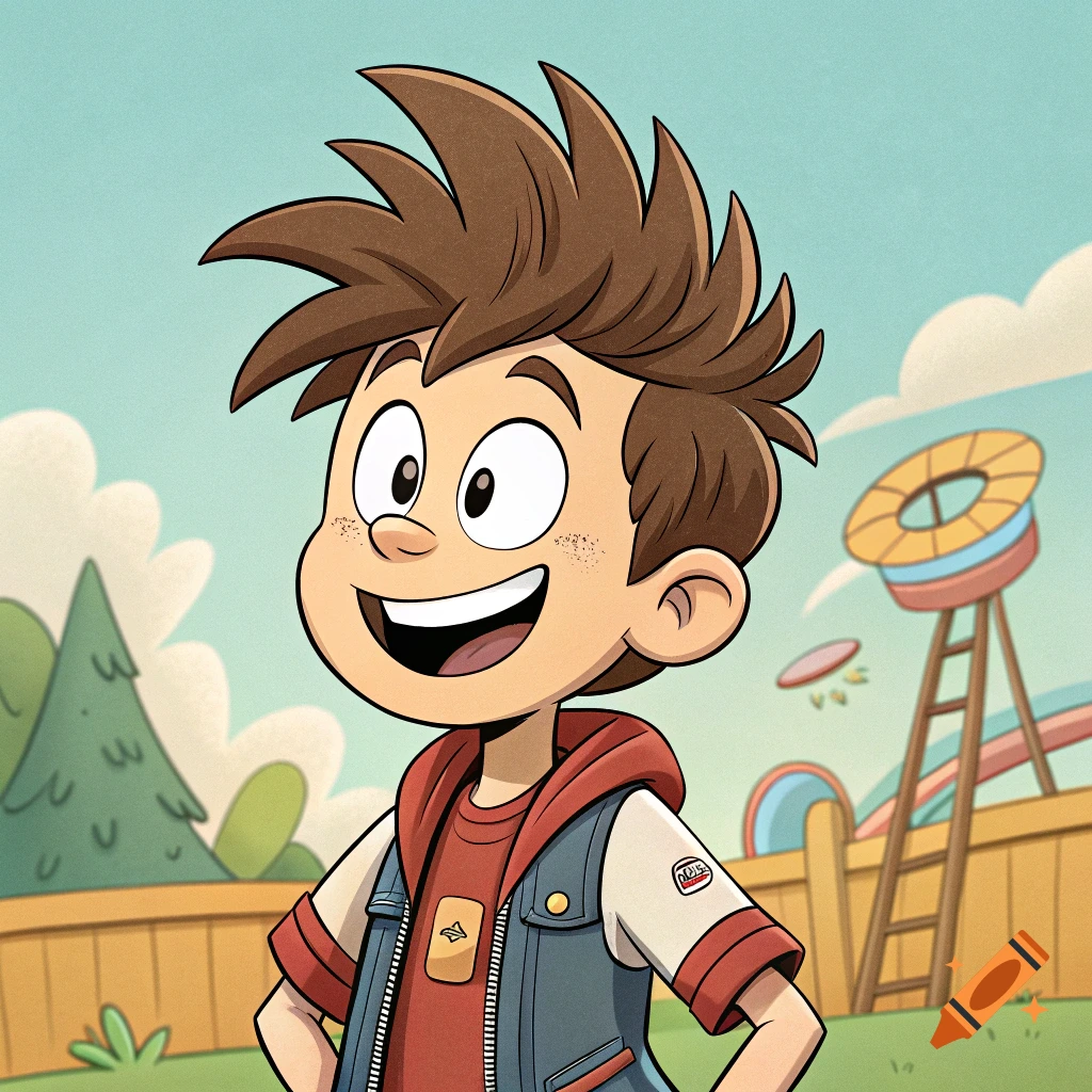 Cartoon illustration of a smiling boy in a yard.