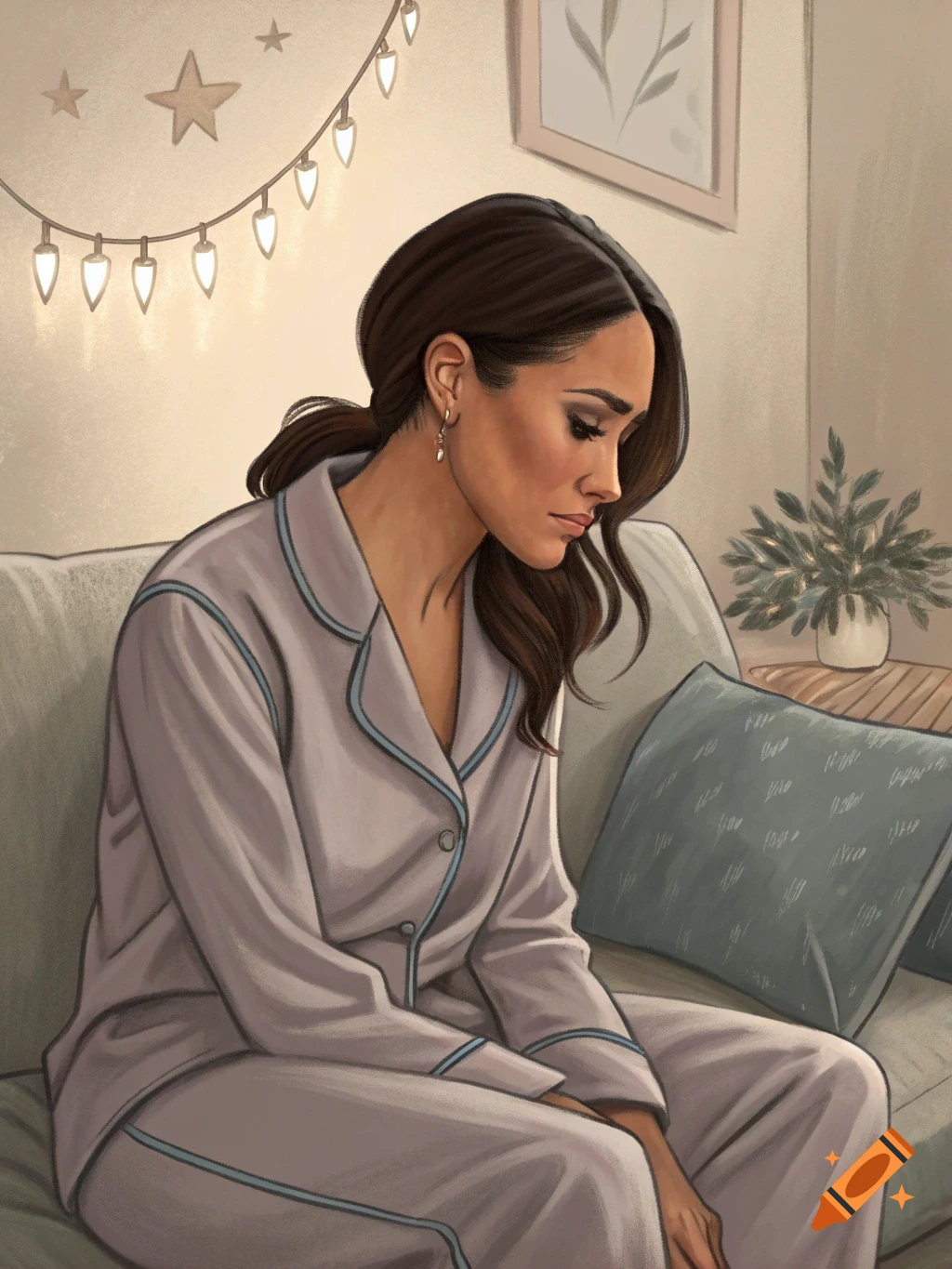 Stylized drawing of a woman resembling Meghan Markle sitting sadly on a sofa in pajamas.