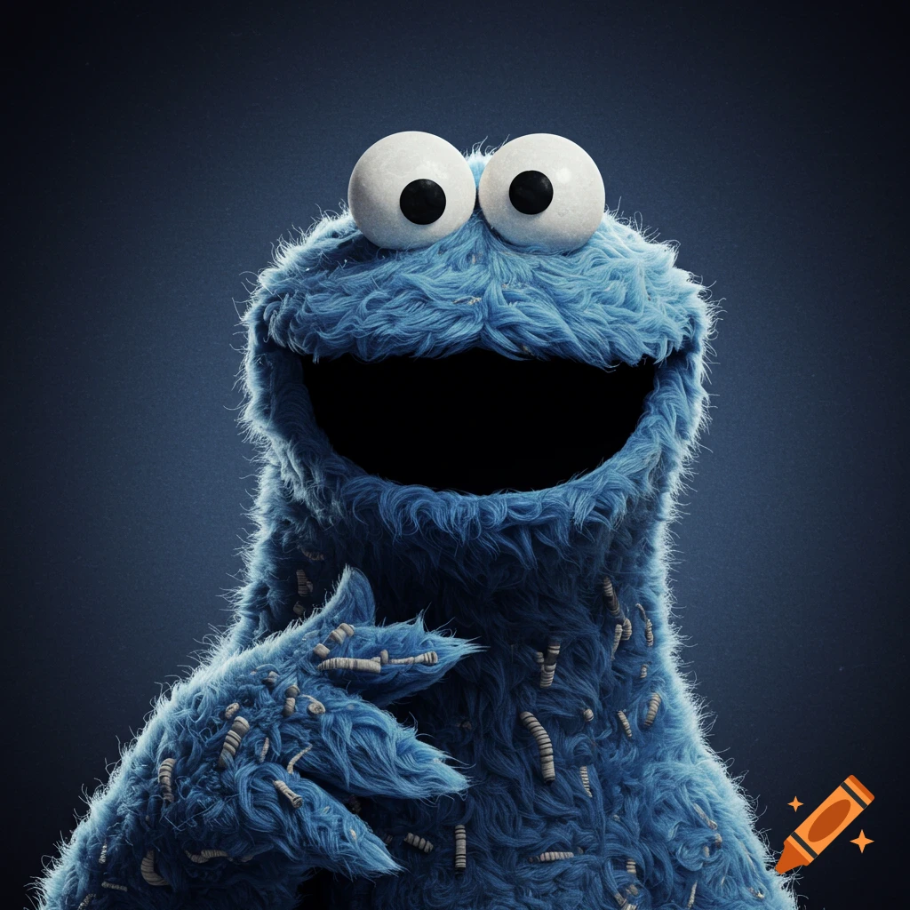 Close-up portrait of Cookie Monster smiling with wide eyes and a textured fur.