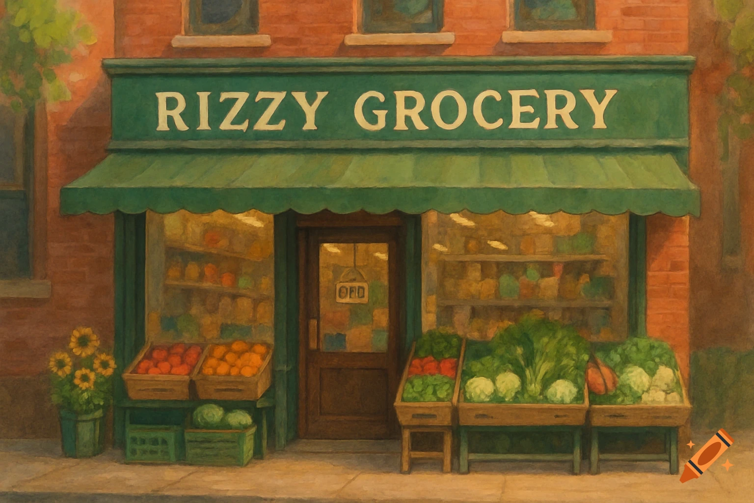 Painting of a Rizzy Grocery store facade with produce stands outside