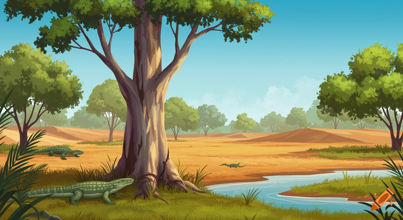 Illustration of a landscape with a large tree, river, and reptile creatures in a desert/wetland environment, in a children's book style.