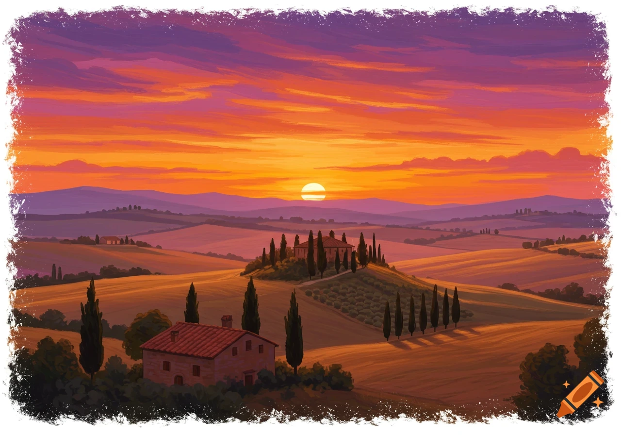 Painting of rolling hills in Tuscany with cypress trees under a vibrant orange and purple sunset.