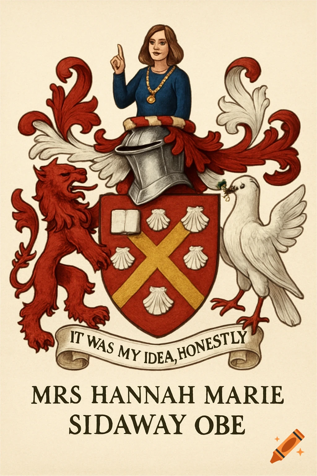 Illustration of a coat of arms with a woman, lion, bird, shield, and text.