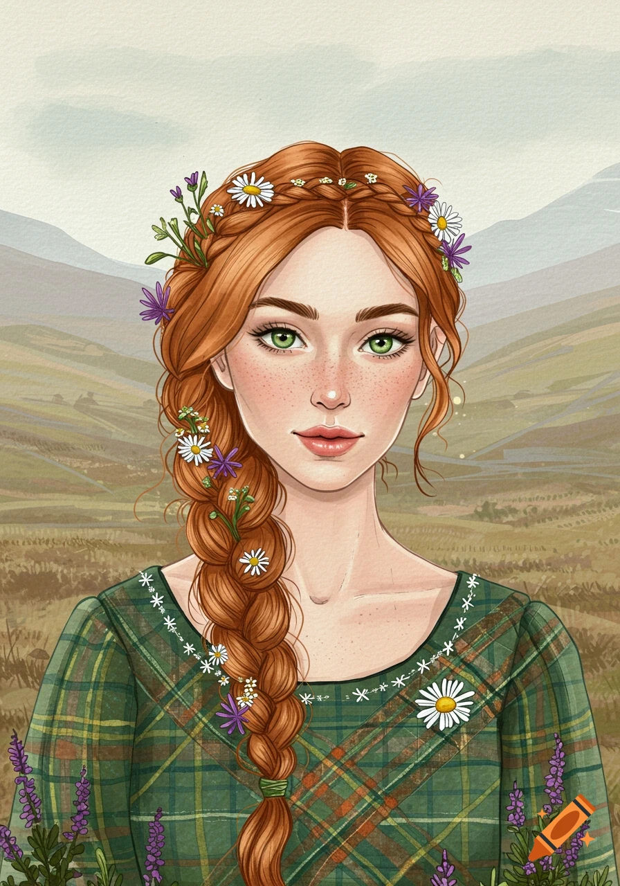 Illustrative portrait of a red-haired woman with flowers in her braid, wearing tartan, in a Scottish landscape.