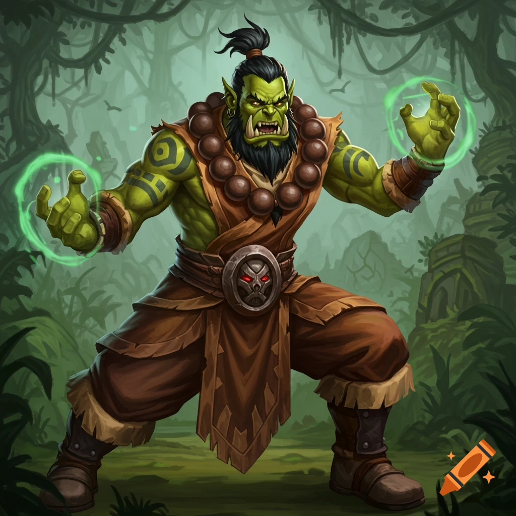 An orc monk casting green energy spells in a jungle setting, fantasy illustration.