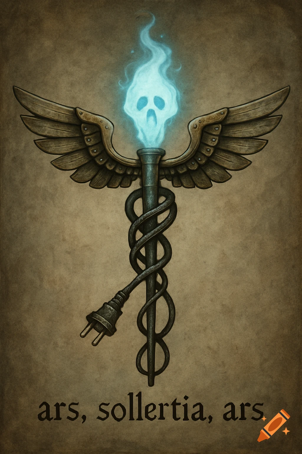 Illustrative artwork of a caduceus symbol with mechanical wings, power cord snakes, blue ghost flame, and text 'ars, sollertia, ars'.