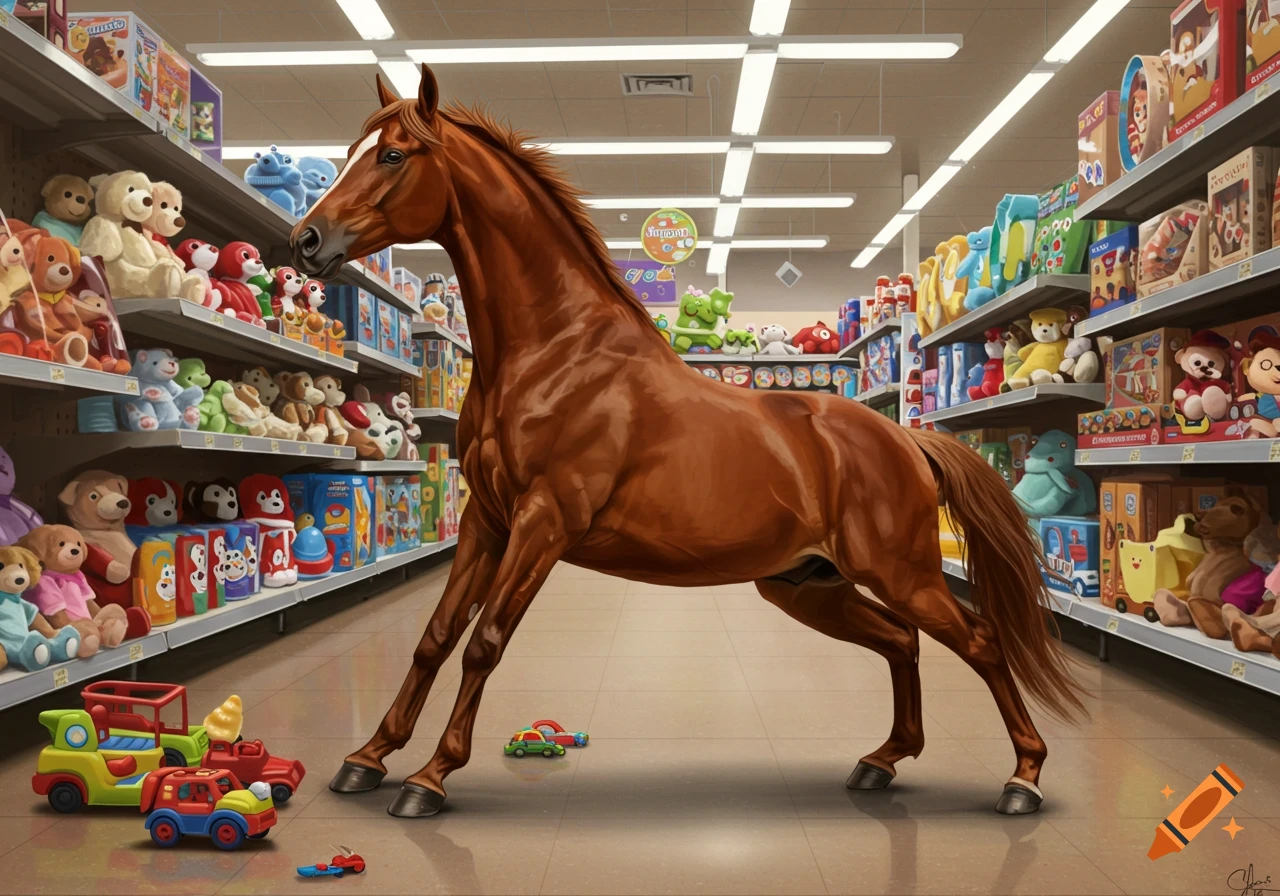 Illustration of a brown horse standing in a toy store aisle appearing to hit the splits.