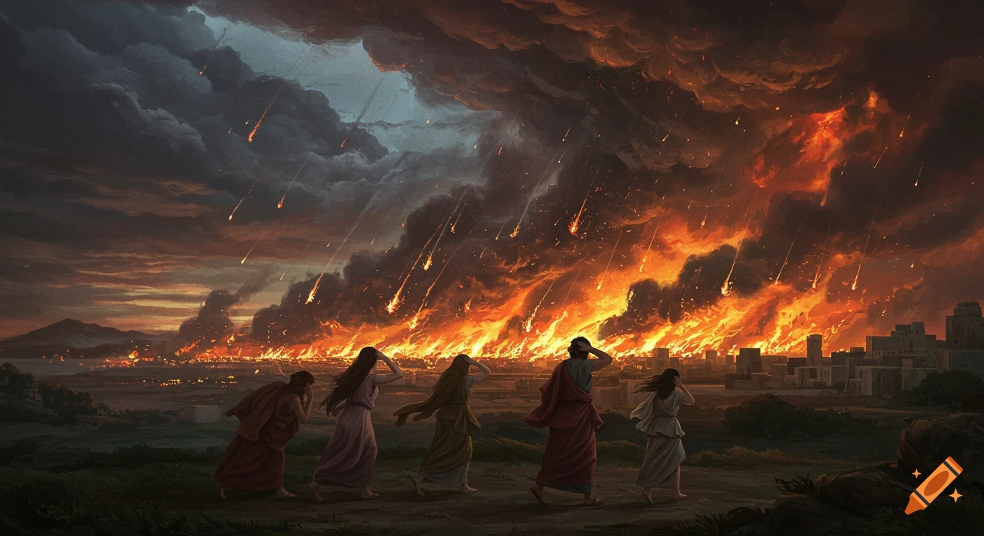 Figures shielding eyes from fire raining on a burning city under a dramatic, fiery sky.