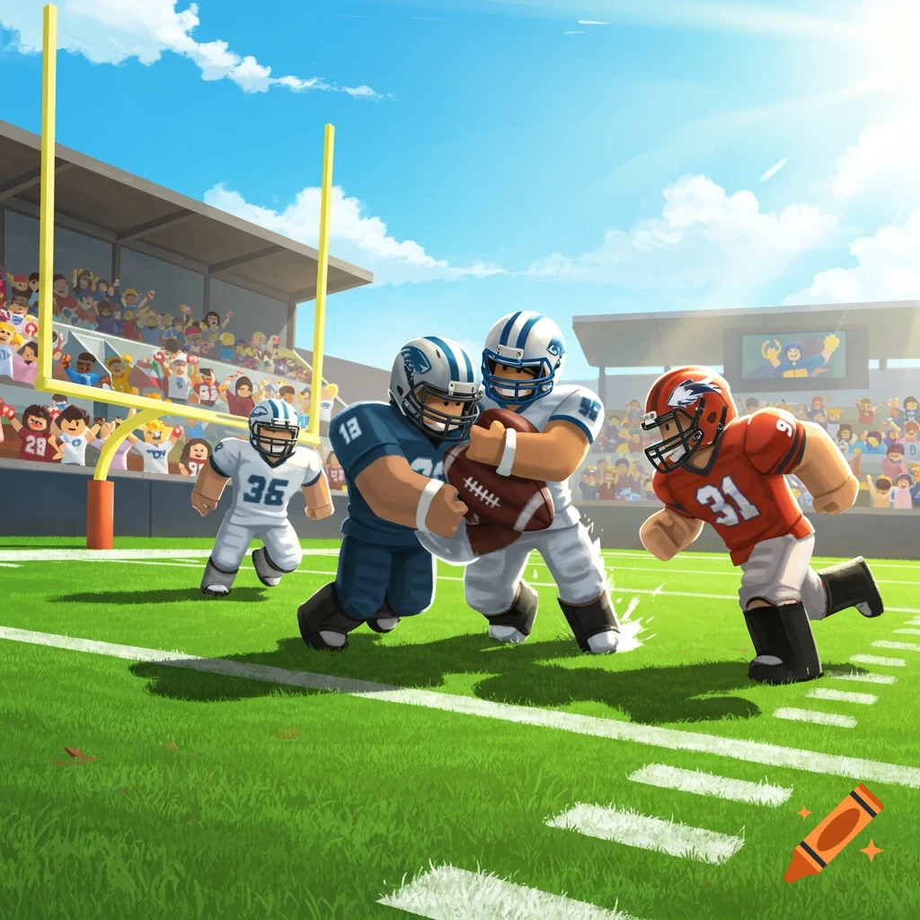 Blocky figures tackle during an American football game in a stadium.