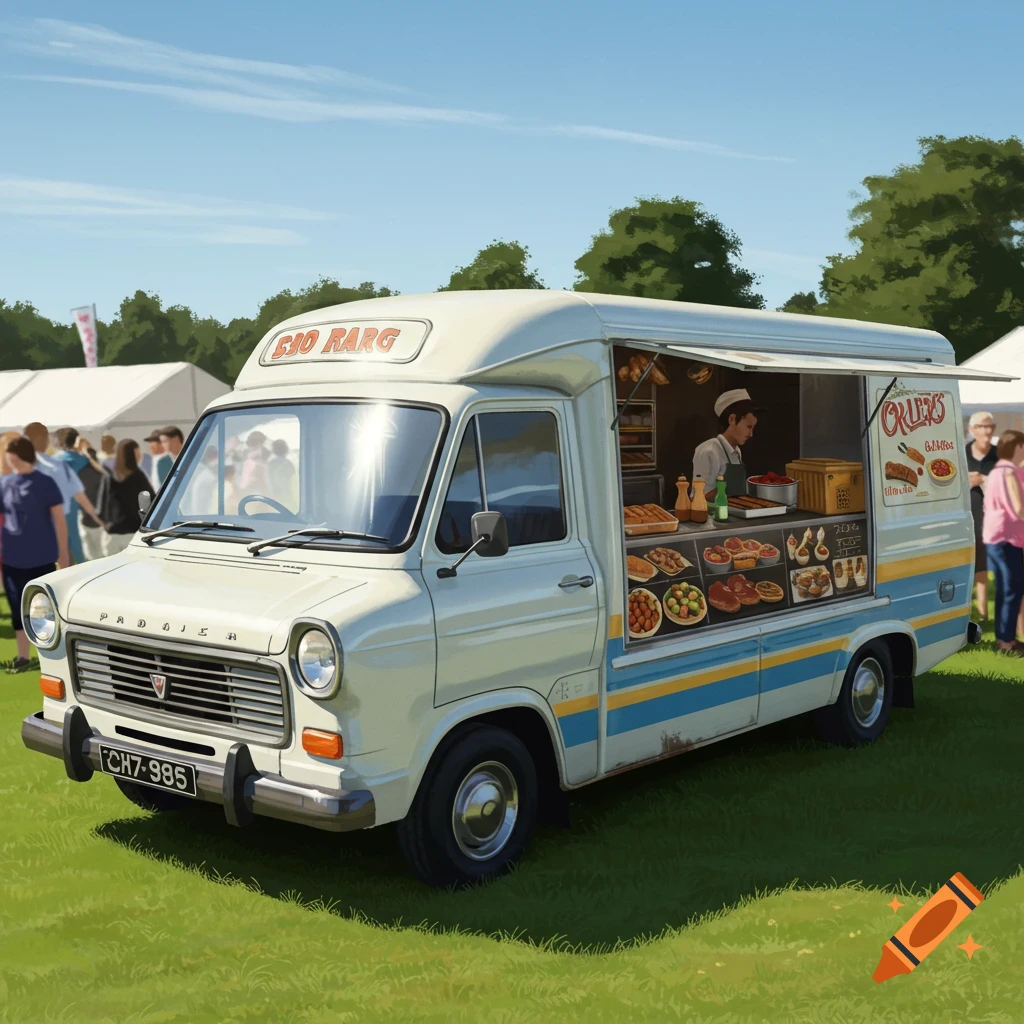 A vintage catering food truck parked on grass at an outdoor event.