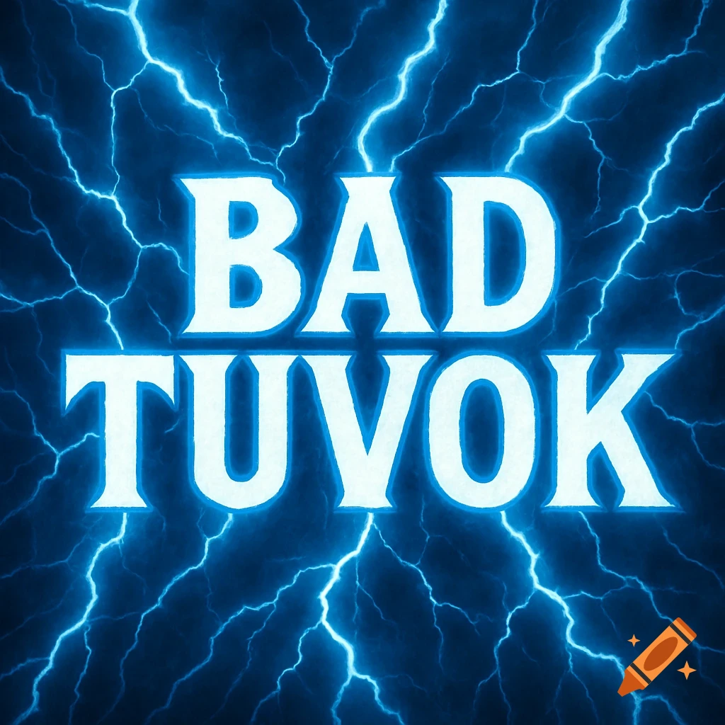 The words BAD TUVOK in white text with blue glow against a background of blue lightning.