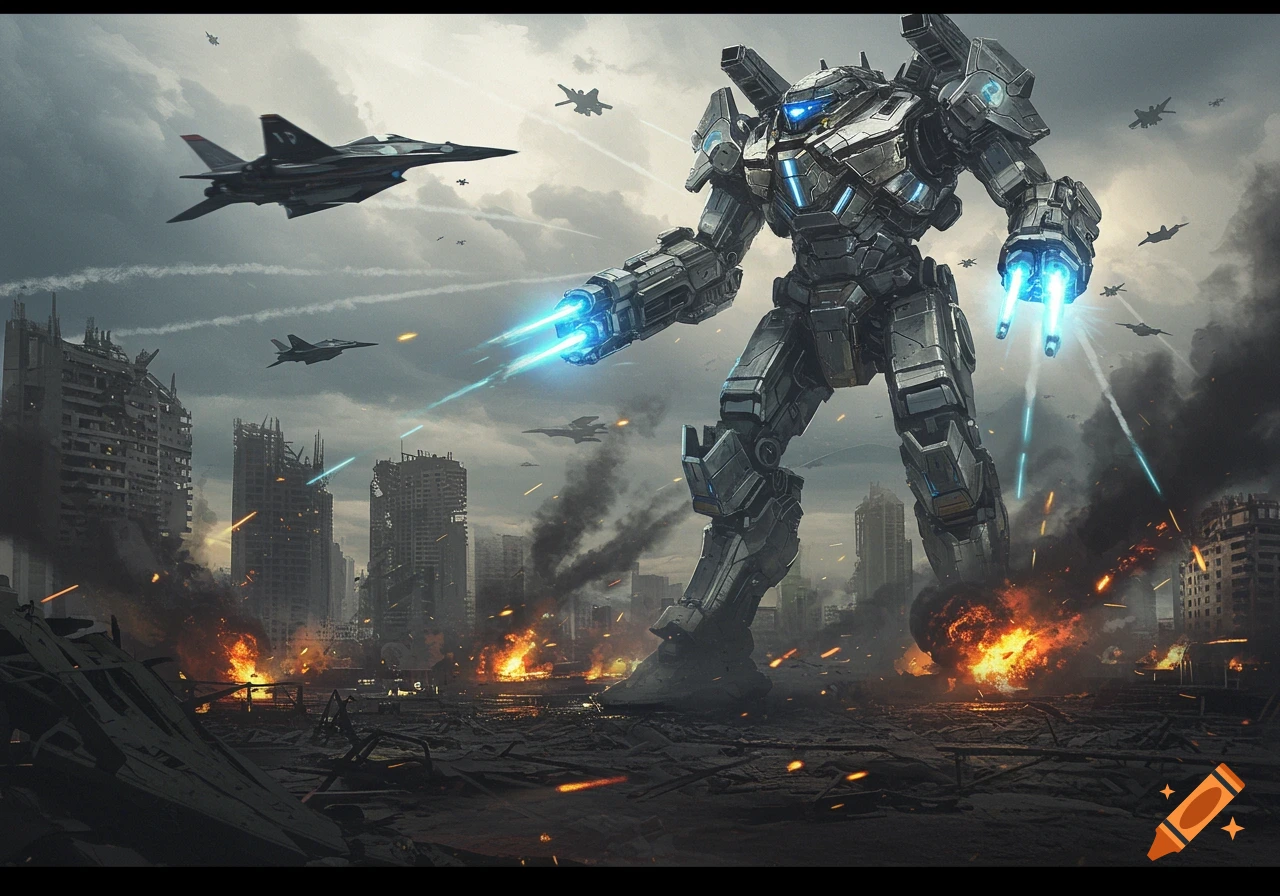 Giant mech and fighter jets battle in a ruined city with explosions and smoke, realistic style.