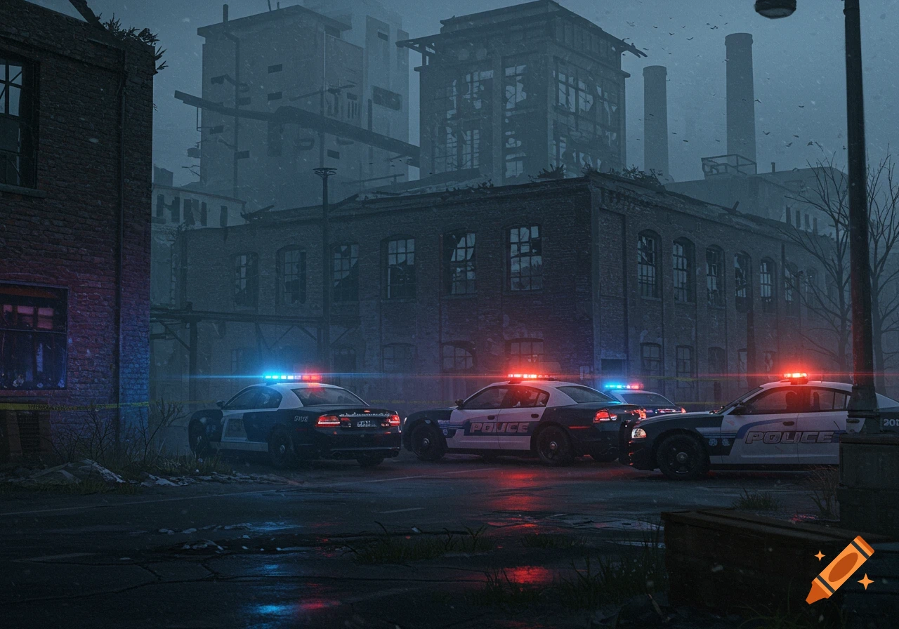Police cars with flashing lights surround an abandoned factory on a dark, rainy street.