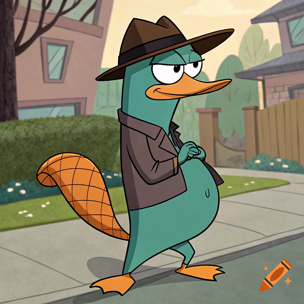 Cartoon platypus wearing a fedora and jacket stands on a sidewalk, appearing pregnant.