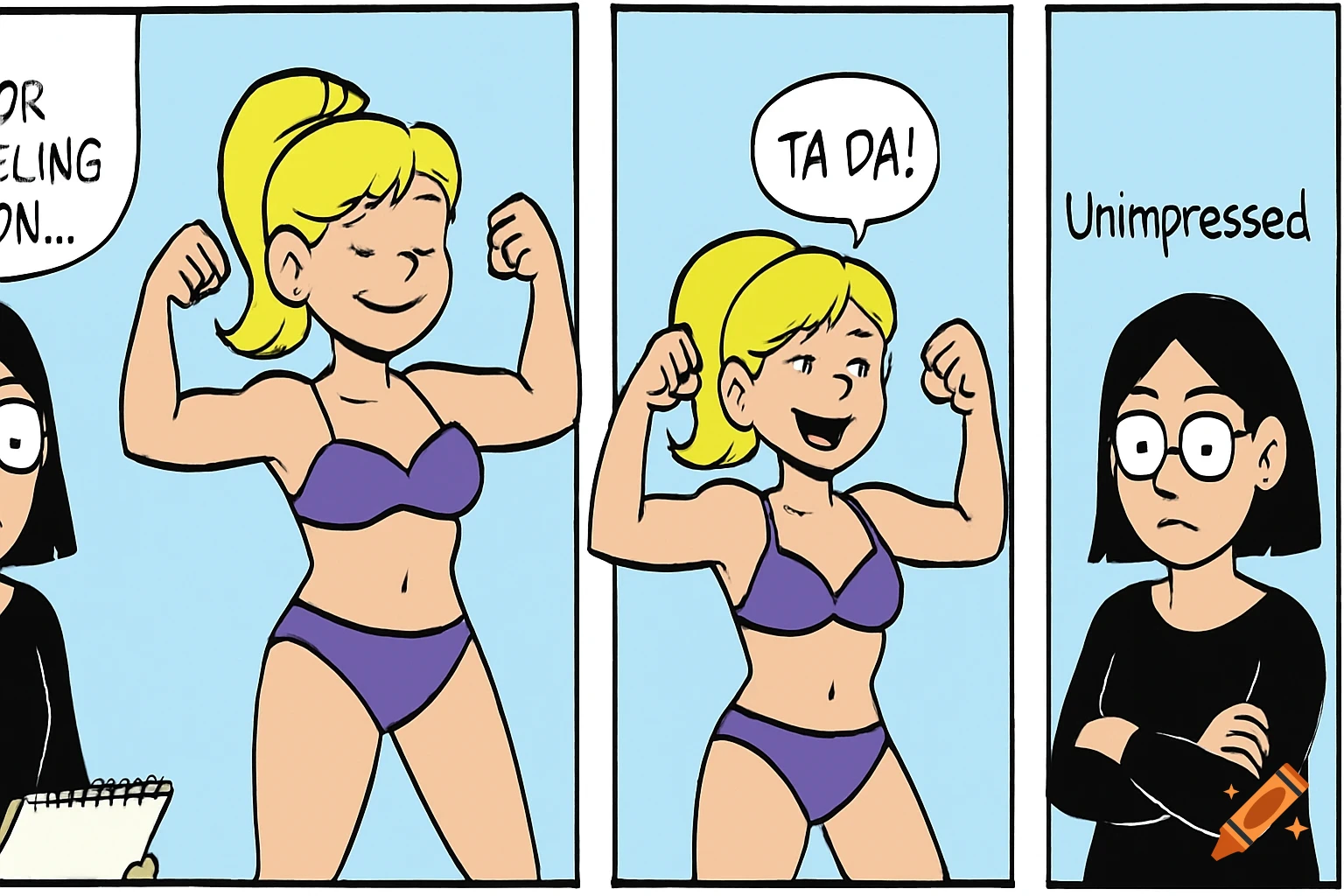 Three-panel comic. A blonde woman in a bikini flexes muscles, saying "TA DA!". Another person looks unimpressed.
