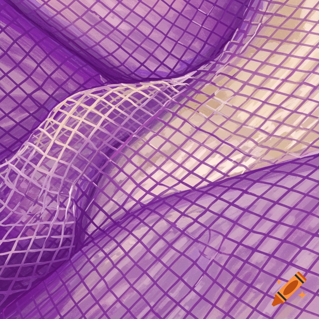 Close-up of purple and beige mesh fabric with folds, digitally rendered.