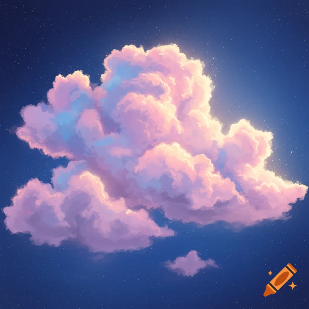 An ethereal pink and purple cloud floats in a starry blue night sky, digital art.