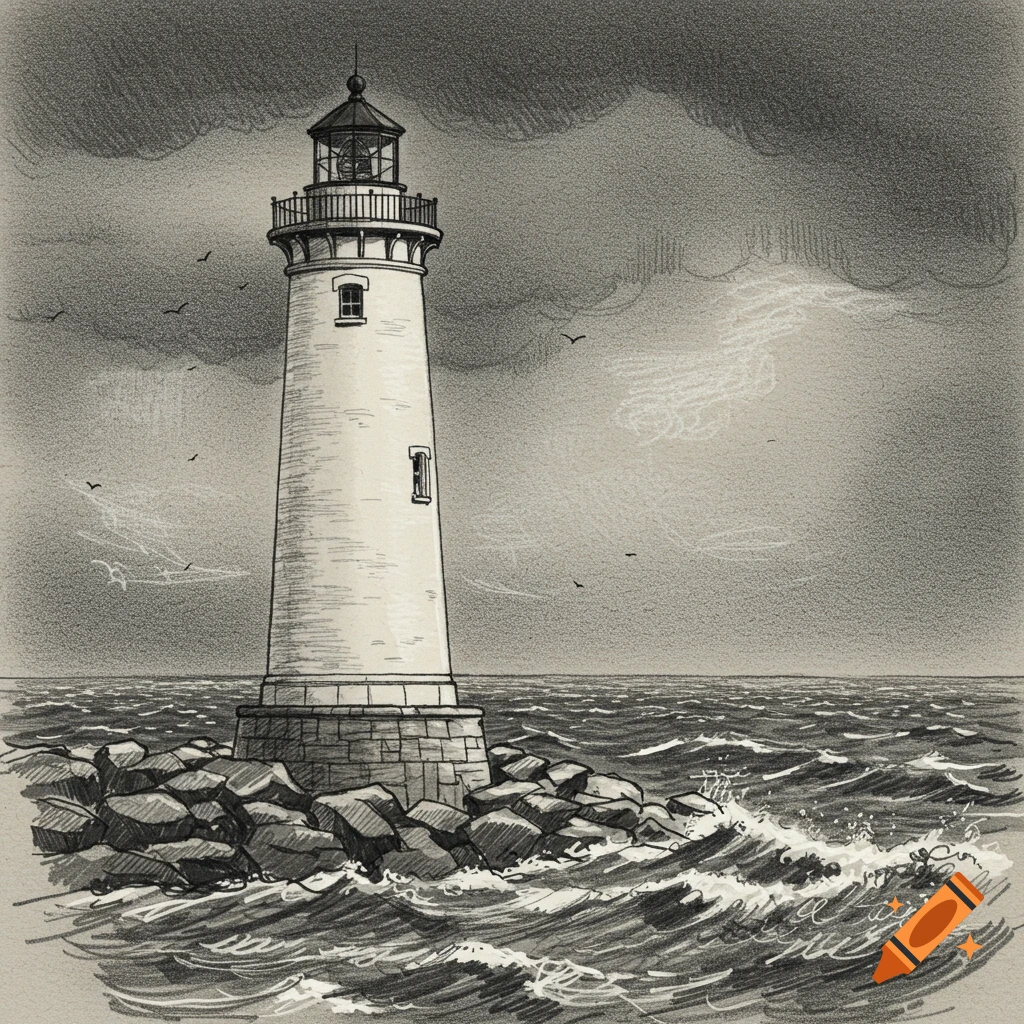 A black and white sketch of a lighthouse on a rocky coast with stormy waves and clouds.