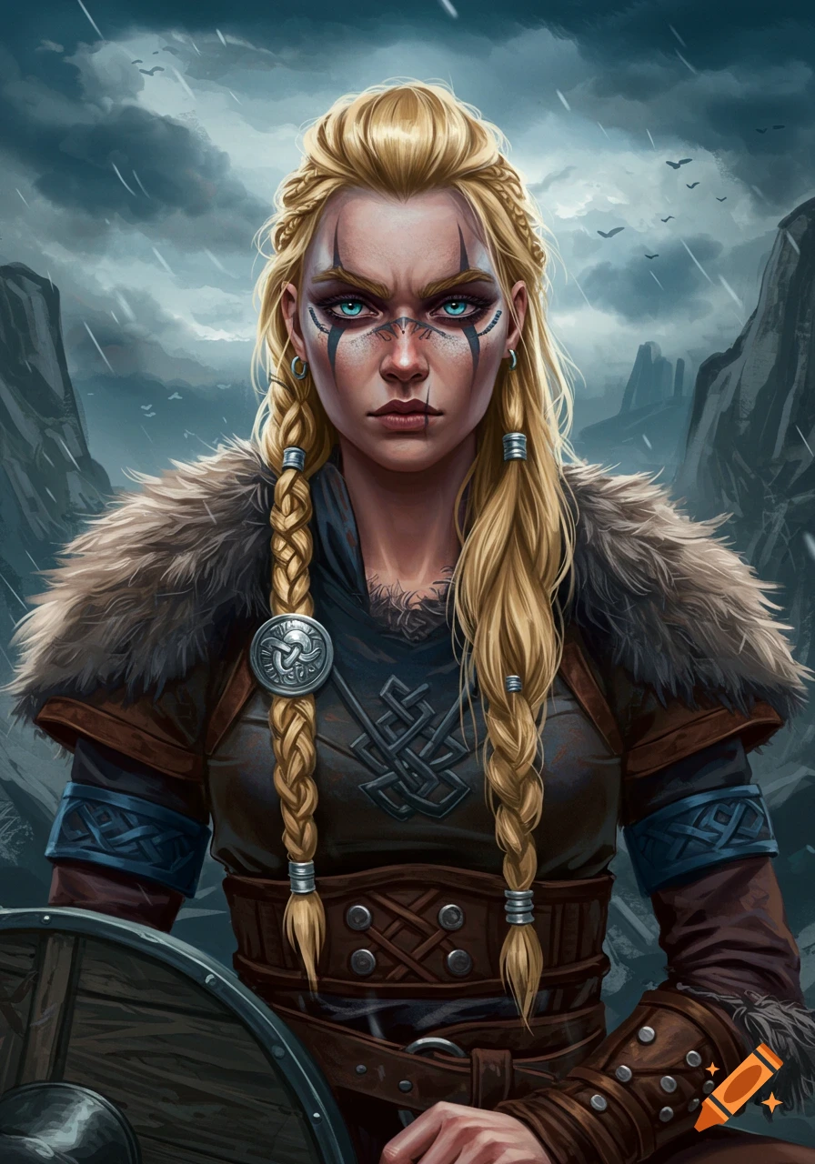 Portrait of a female viking warrior with blonde braided hair, blue eyes ...