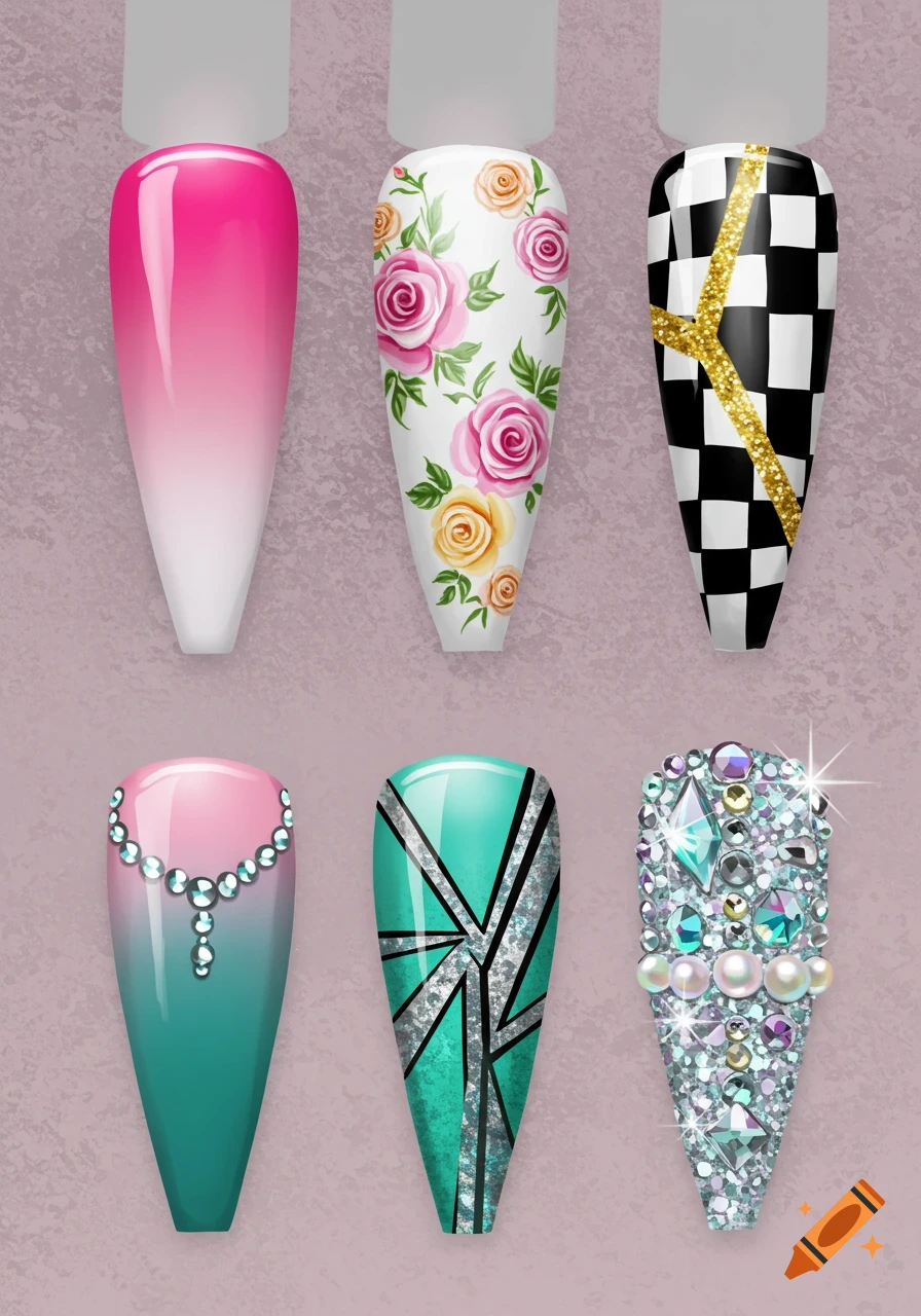 Six distinct acrylic nail designs with various patterns