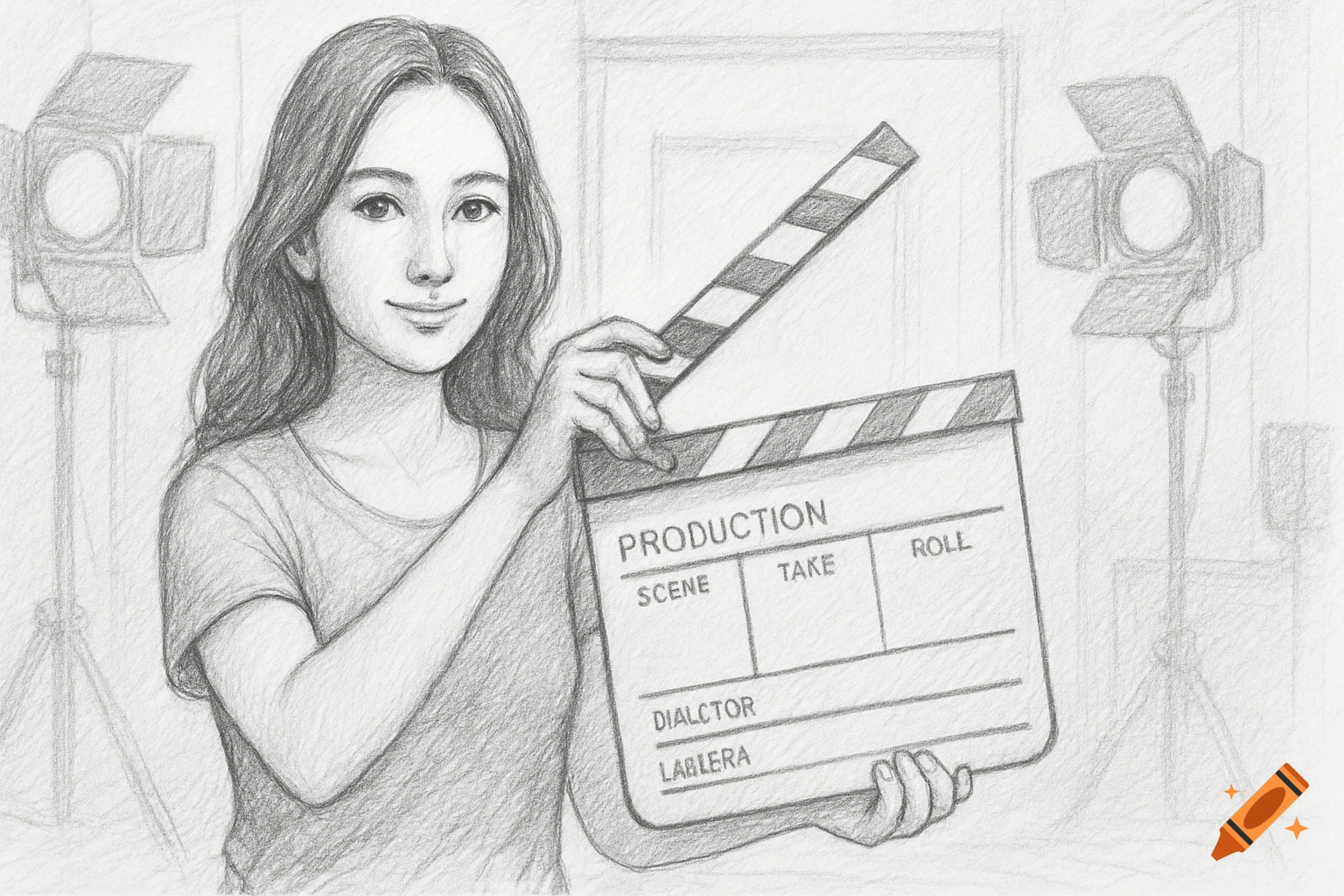 Pencil drawing of a woman holding a film clapperboard with studio lights in the background.