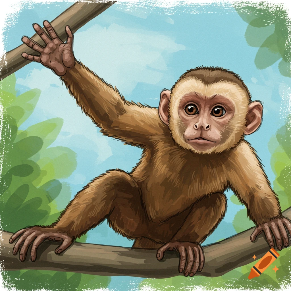 Drawing of a baby monkey on a tree branch