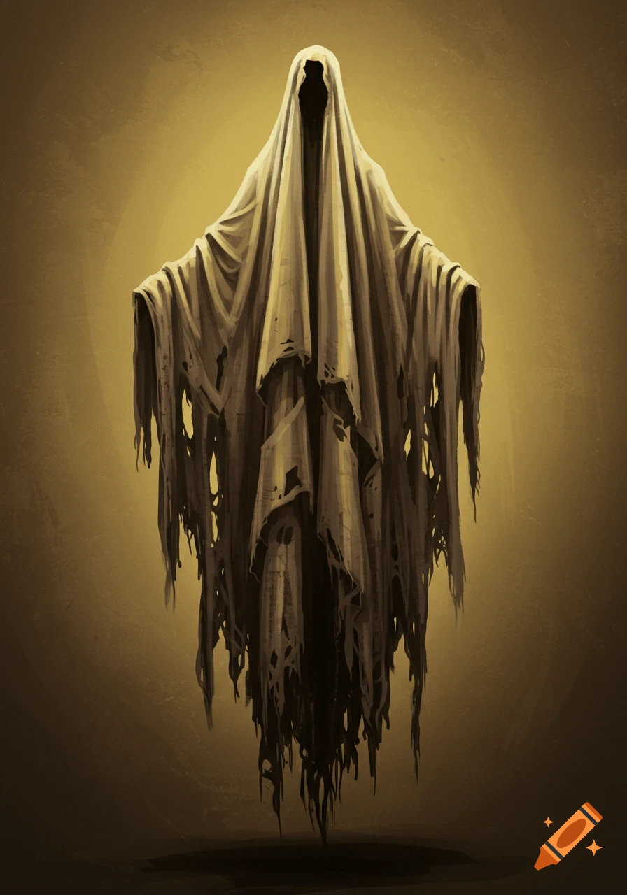 A figure shrouded in torn, sepia-toned fabric hangs in the air.