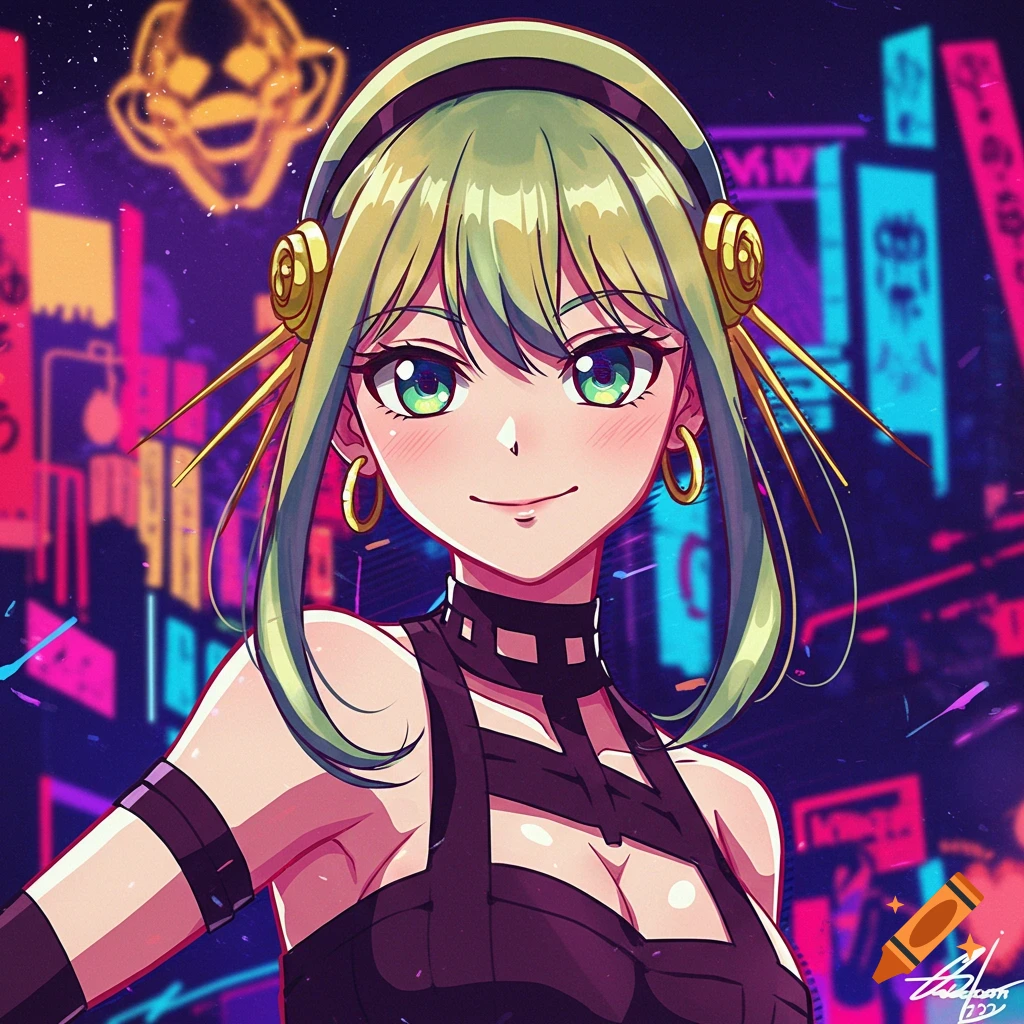 Anime portrait of a girl with headphones in a neon city