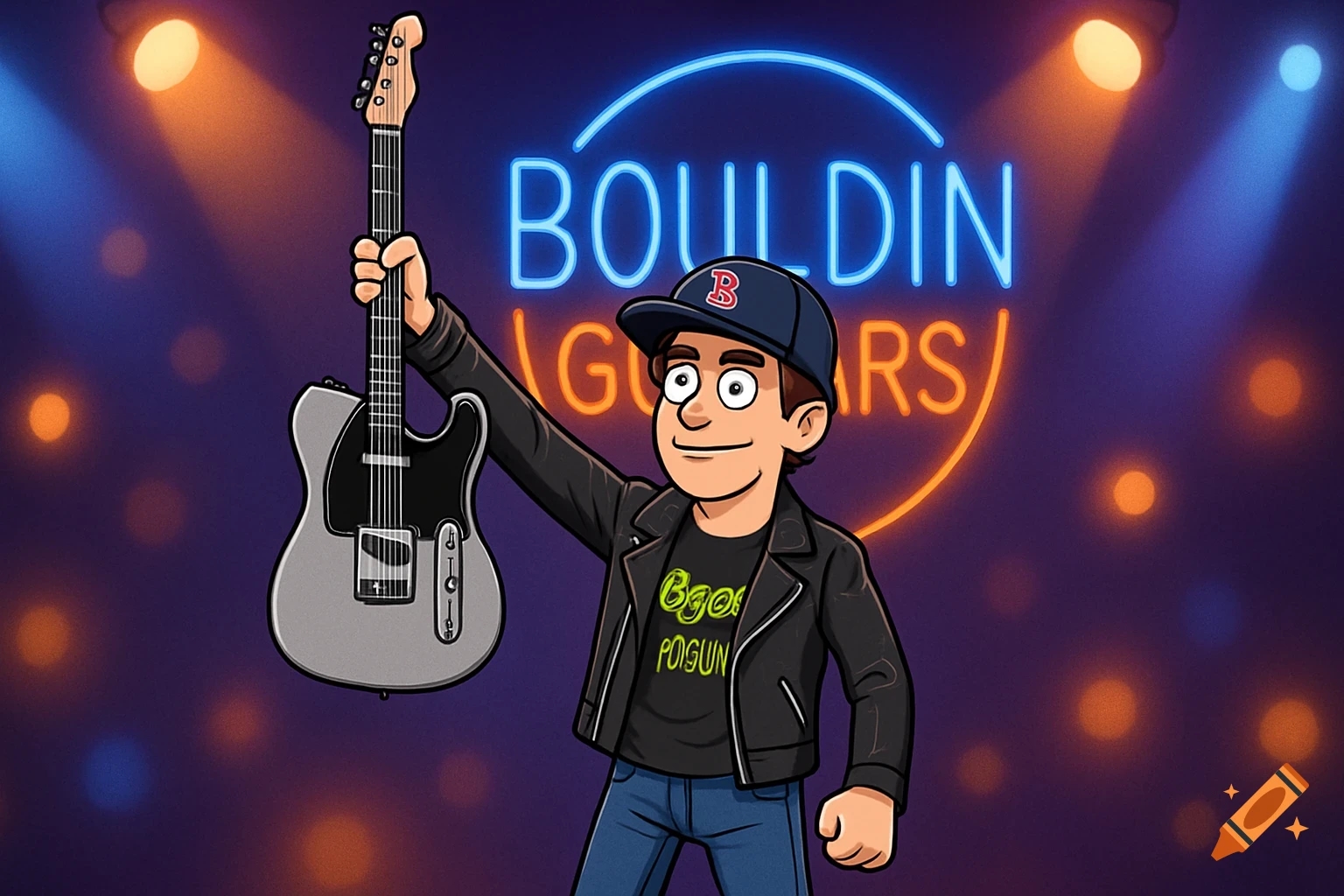 A cartoon male guitarist on stage holding a silver electric guitar. Behind him is a neon sign that reads "Bouldin Guitars".