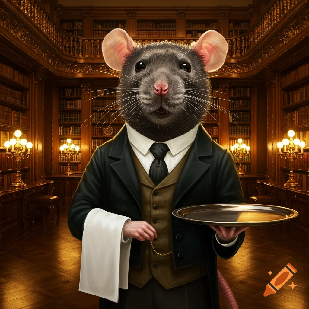 A hyperrealistic portrait of a pet rat dressed as a butler, complete with waistcoat and tails, holding a tray in a grand library.