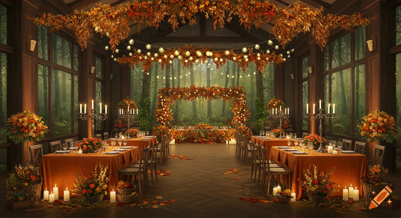 Autumn wedding reception in a room with large windows, decorated with orange linens, flowers, candles, and string lights.