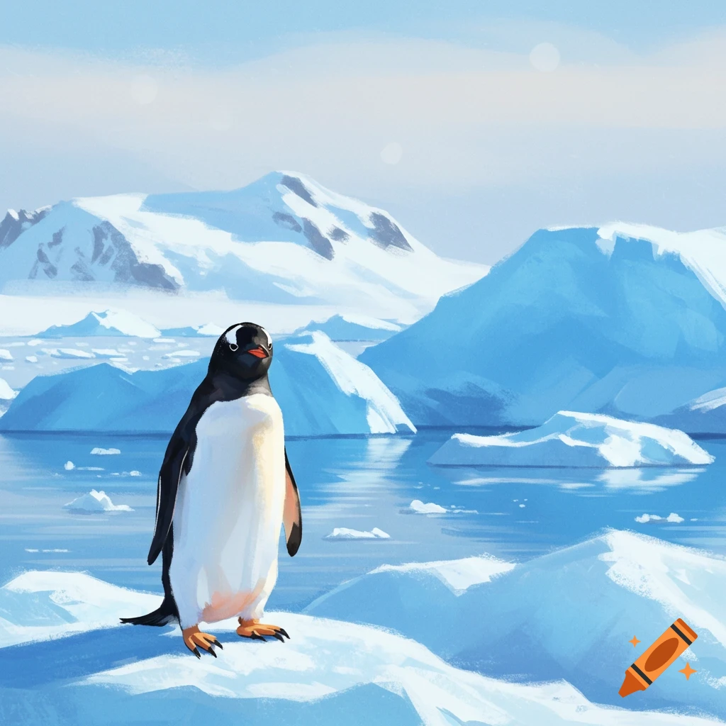 A painterly illustration of a penguin standing on ice in front of mountains and water.