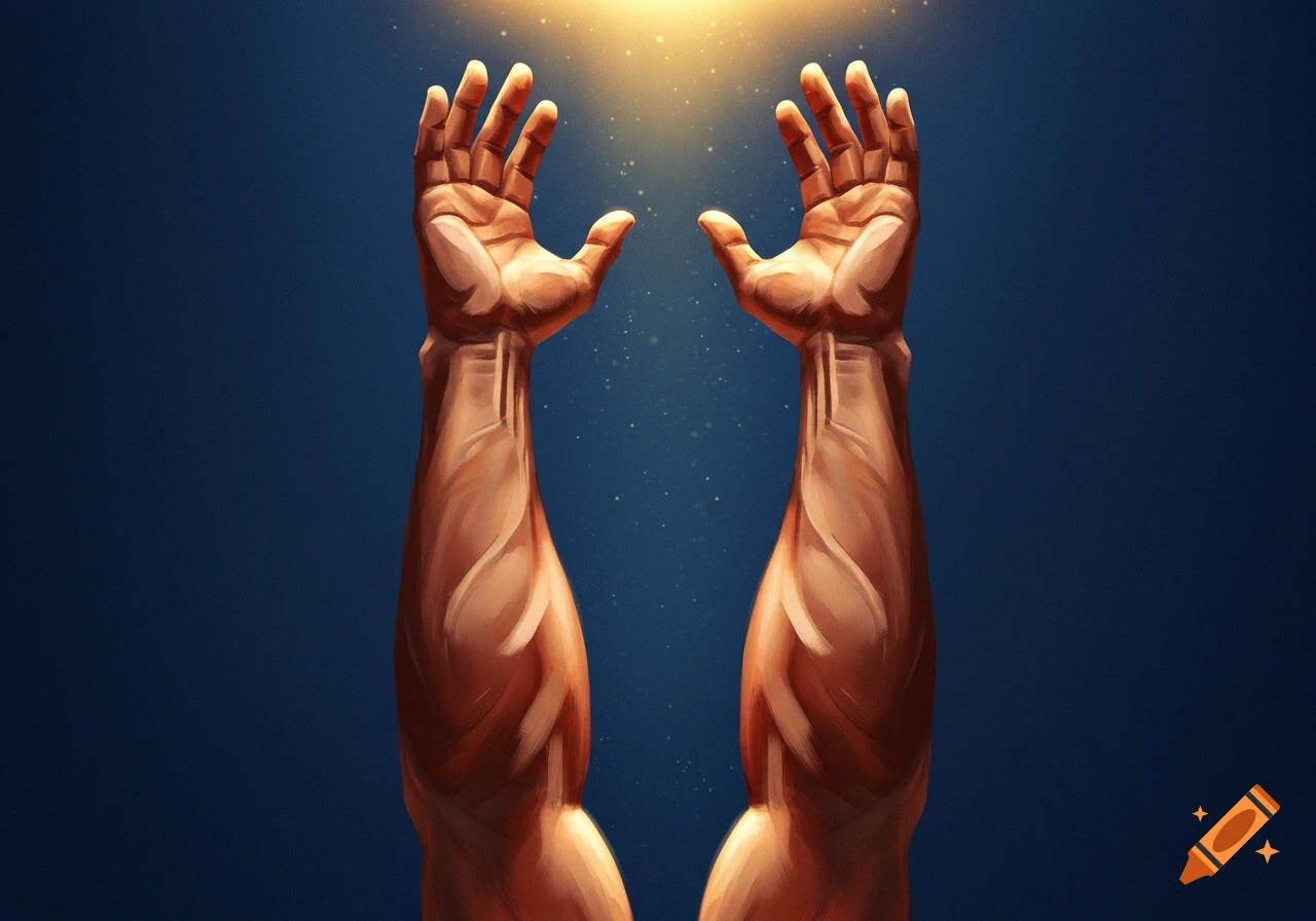 Two muscular arms reaching upwards toward a bright light against a dark blue background in a painterly style.