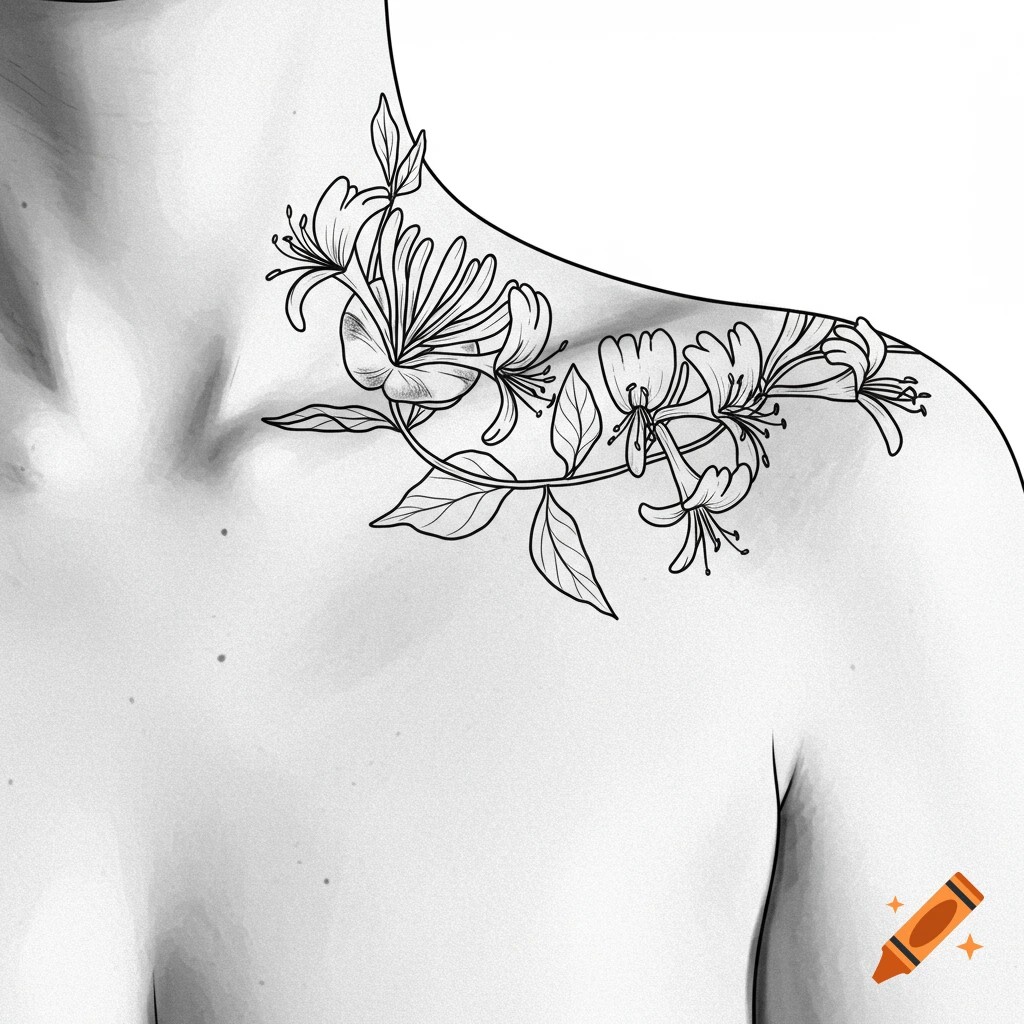 Black and white line art tattoo design of a honeysuckle vine on a shoulder.