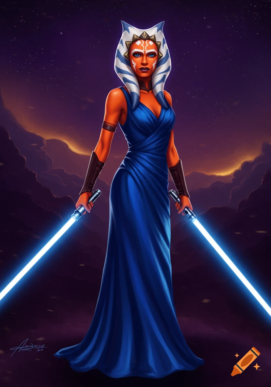 Ahsoka Tano in a blue dress holds two blue lightsabers against a night sky  with purple clouds. on Craiyon