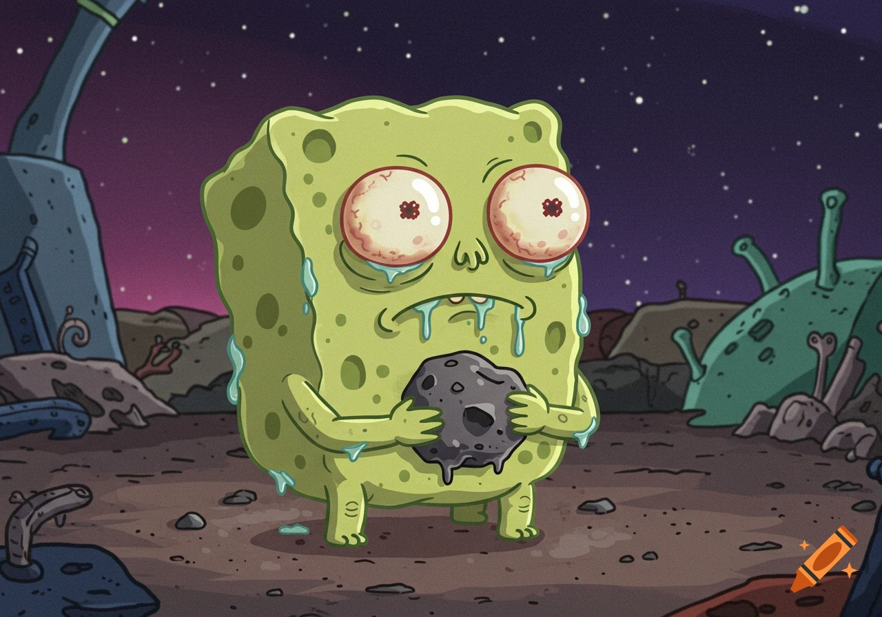 Green sponge-like alien with large red eyes crying and holding a rock in a desolate space junkyard.