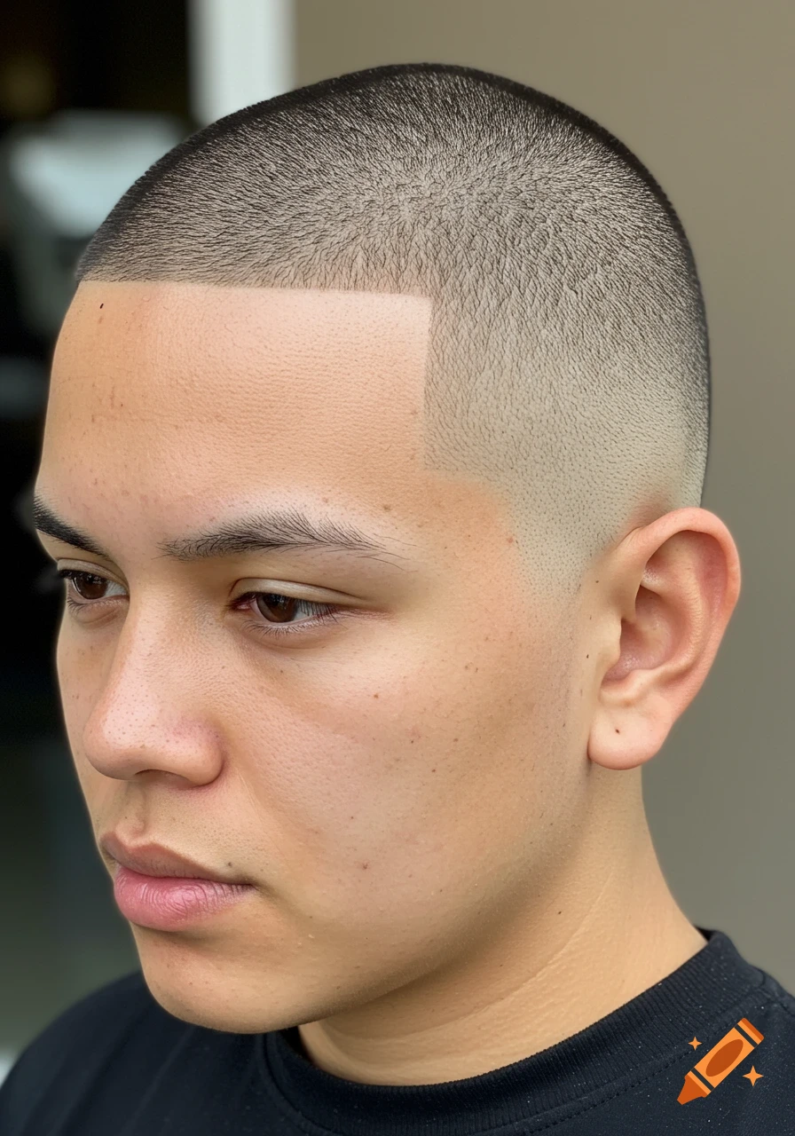 Close-up portrait of a person with a buzz cut fade and line-up