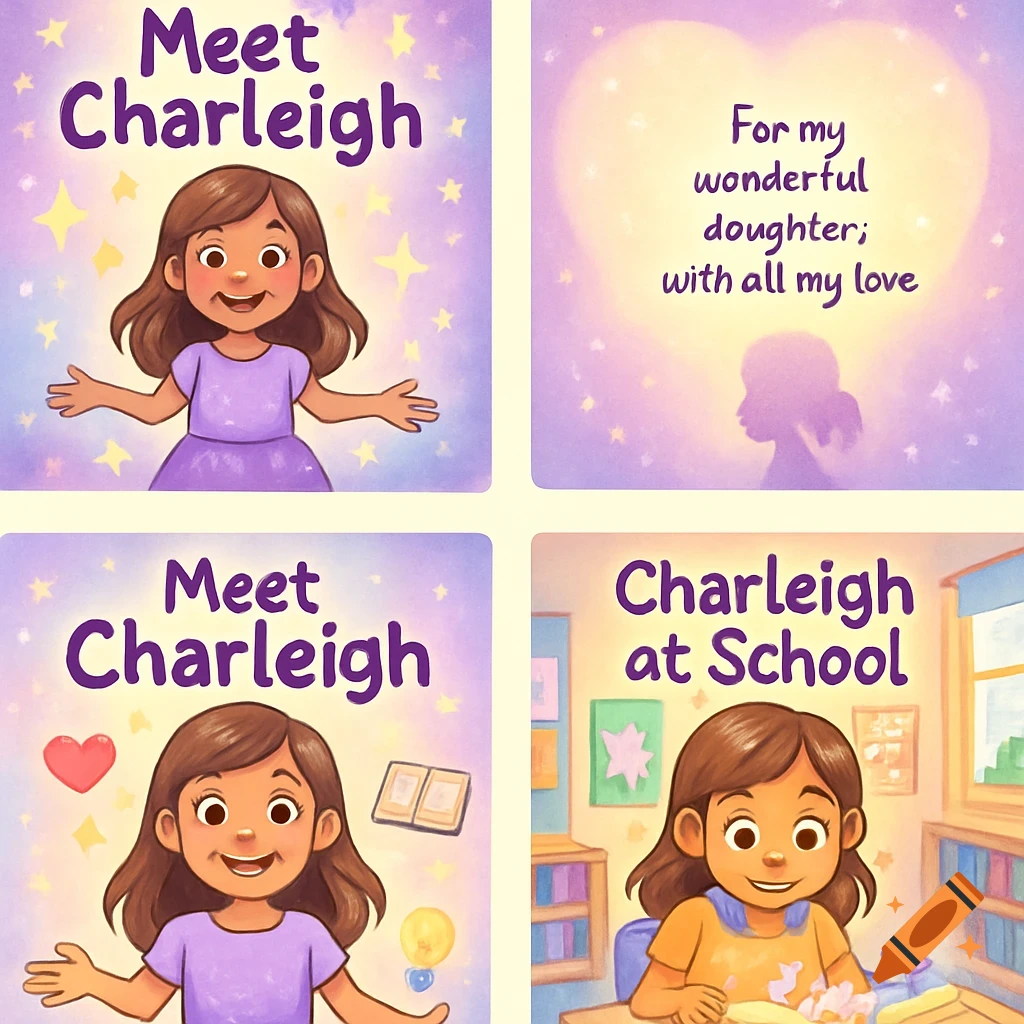 Four panel children's book illustration grid showing a cartoon girl, dedication text, and a school scene.
